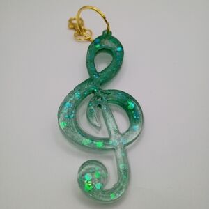 Handmade Teal Glitter Treble Clef Resin Charm Music Keychain Pendant